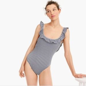 Puckered gingham ruffled one piece NAVY BLUE&WHITE